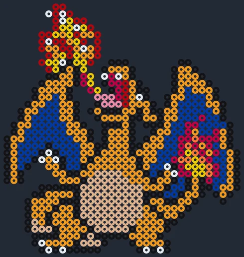Glurak als Bügelperlen-Bild, orangefarbener Drache mit ausgebreiteten Flügeln, 34 × 36 Perlen