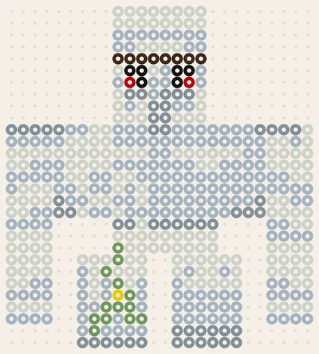 Järngolem från Minecraft som pärlplatta, ljusgrå med gröna rankor och röd blomma