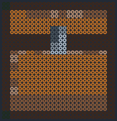 Minecraft kista framifrån som pärlplatta, brunt trä med grått lås, 28 × 29 pärlor