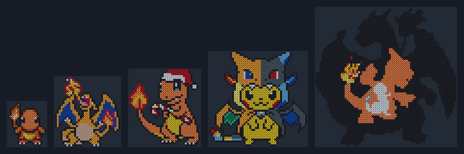 Storleksjämförelse av fem Charizard-pärlplattor i samma skala, från kawaii-Charmander till evolutionen på nio plattor