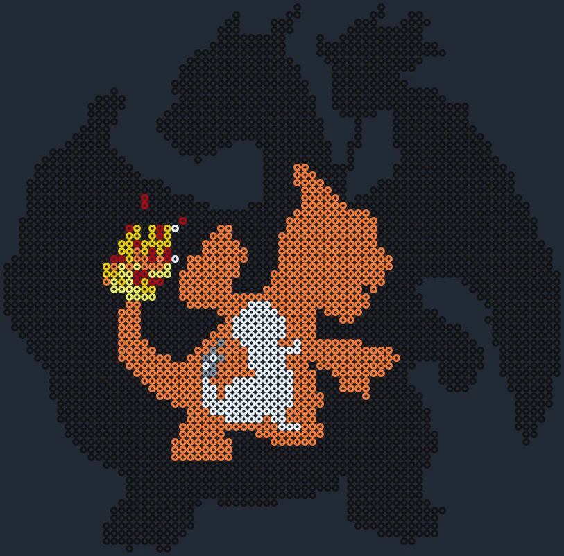 Charmander, Charmeleon och Charizard som stor pärlplatta på nio plattor: Charmander framför två mörka silhuetter