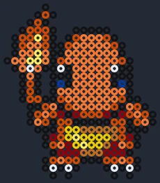 Kawaii-Charmander som pärlplatta, orange ödla med stort huvud och låga på svansen, 20 × 23 pärlor