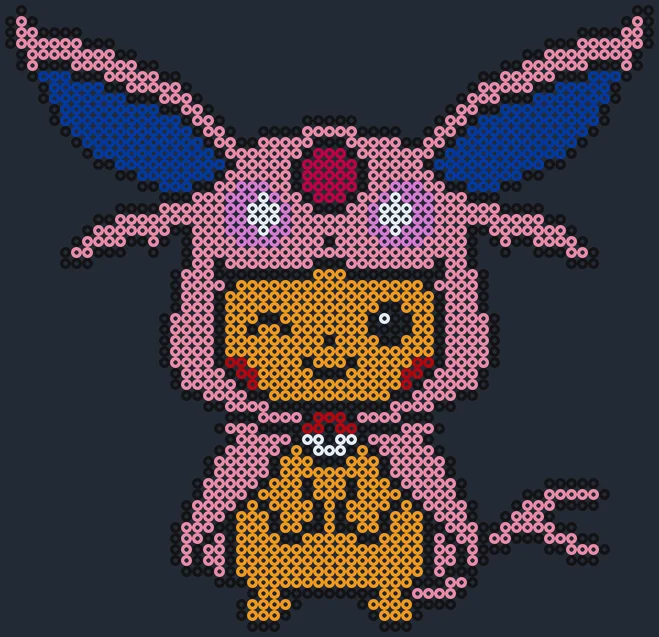 Pikachu i Espeon-dräkt som pärlplatta, lila huva med stora öron, sex plattor