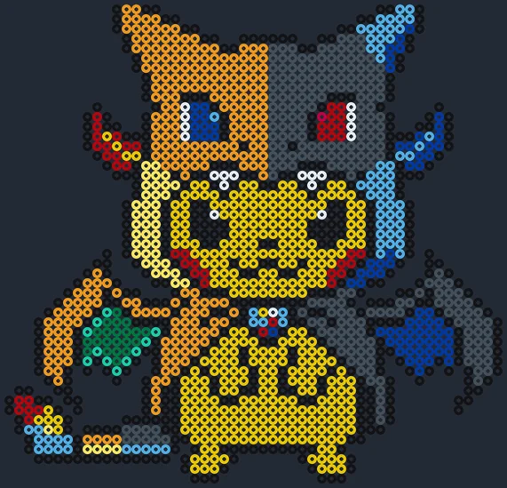 Pikachu i Mega Charizard-dräkt som pärlplatta, 51 × 49 pärlor med horn och vingar