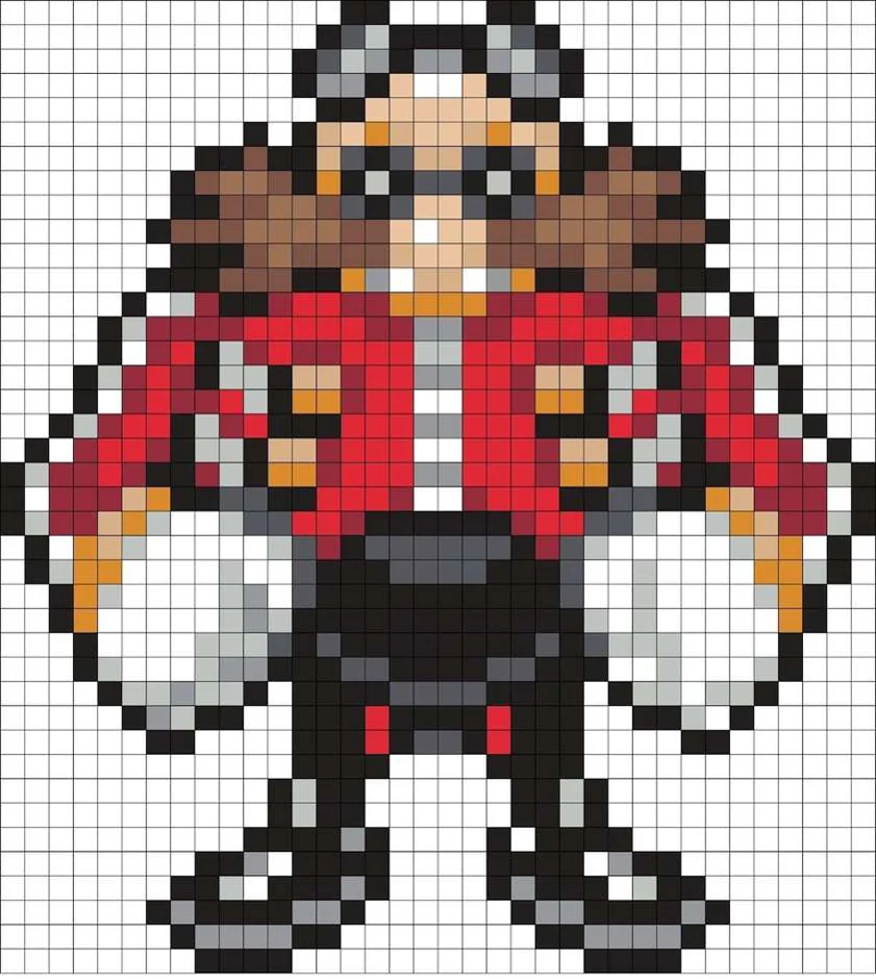 Doktor Eggman som perleplate, rød jakke, stor bart og briller