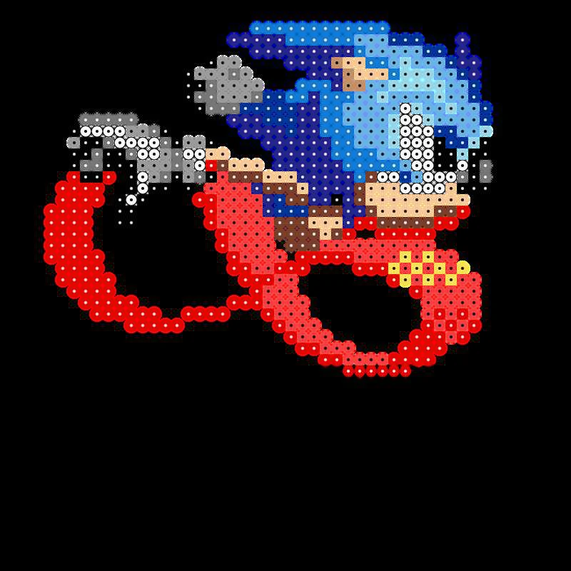 Sonic juoksee hamahelmityönä, siili pyörii eteenpäin punaisin vauhtiviivoin mustalla alustalla