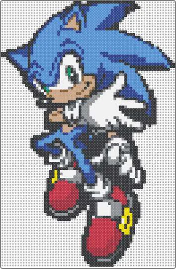 Sonic som perleplate i klassisk positur med pekefinger, røde sko og hvite hansker