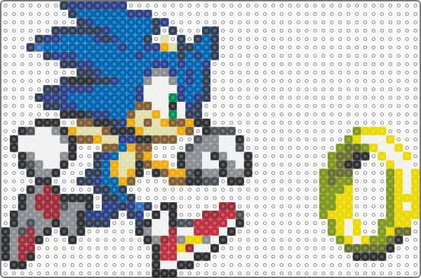 Sonic mit goldenem Ring aus Bügelperlen, Sonic im Sprung neben einem großen gelben Ring