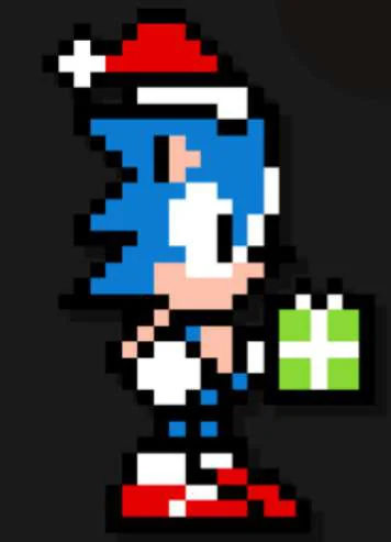 Weihnachts-Sonic aus Bügelperlen, Sonic mit Zipfelmütze und grünem Geschenk auf schwarzem Grund