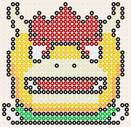 Bowser som pärlplatta på ljus platta, grönt skal, rött hår och vita horn, 29 × 28 pärlor